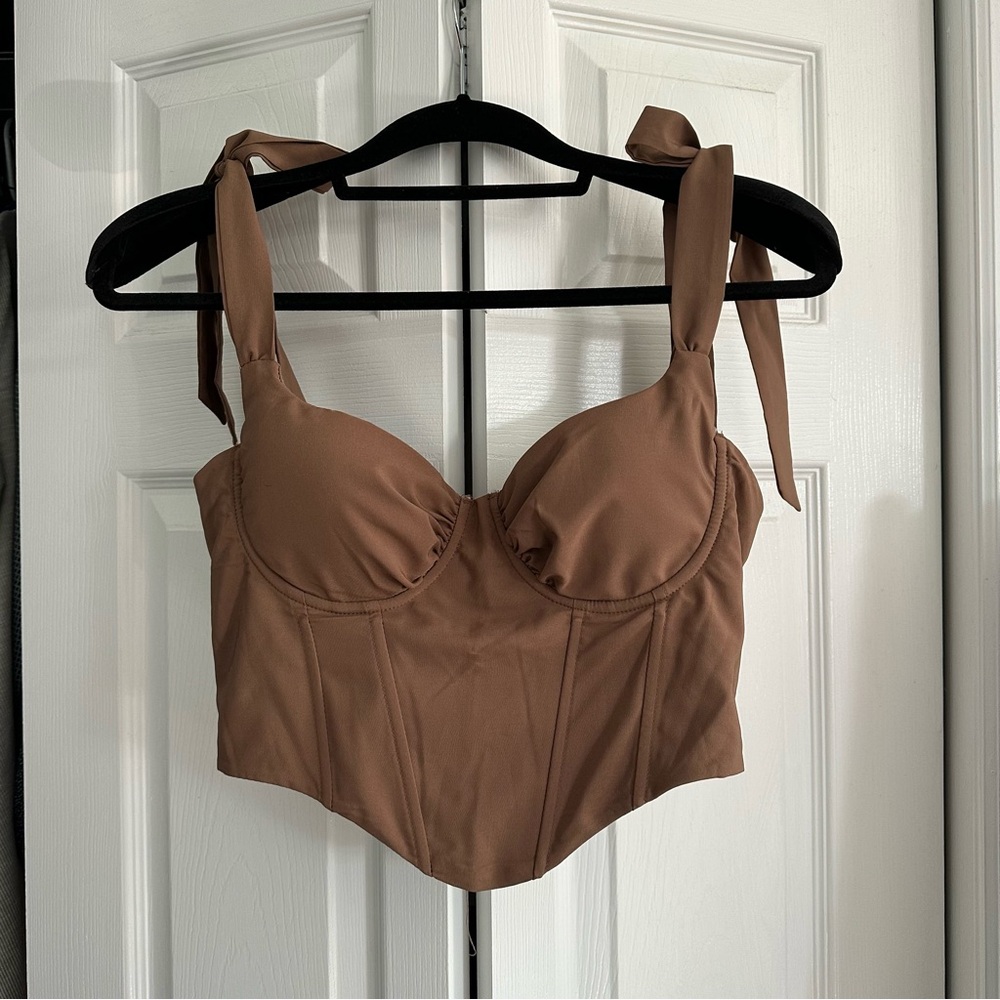 Brown Corset Top Tie Strap Sleeveless Bustier Boned‎ Crop Top Party Clubwear
